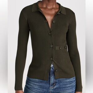 Pistola Dark Olive Ribbed Knit Top Fitted Button Down Kealy Cardigan Size M